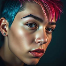 A close-up portrait of an individual with a stylish eyebrow slit, showcasing their unique facial features