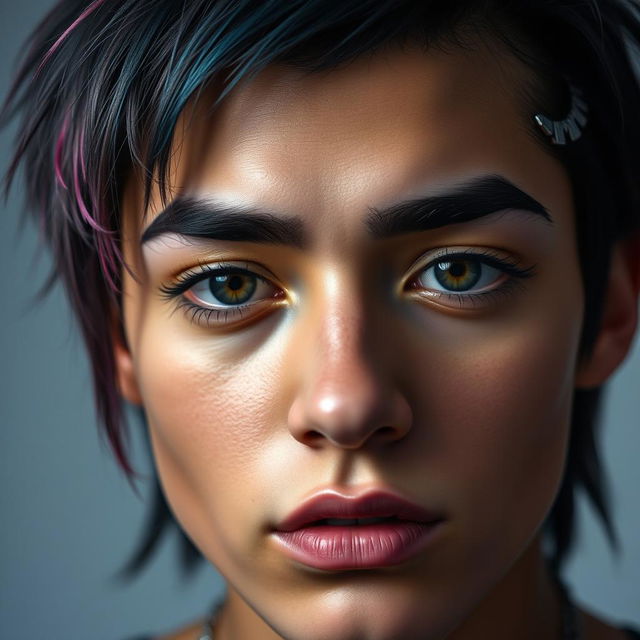 A close-up portrait of an individual with a stylish eyebrow slit, showcasing their unique facial features