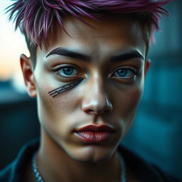 A close-up portrait of an individual with a stylish eyebrow slit, showcasing their unique facial features