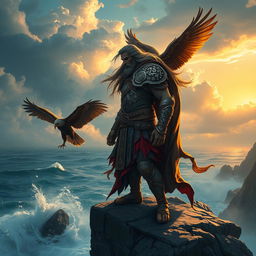 An ancient warrior standing on a windswept cliff, dramatic clouds swirling in the sky behind him