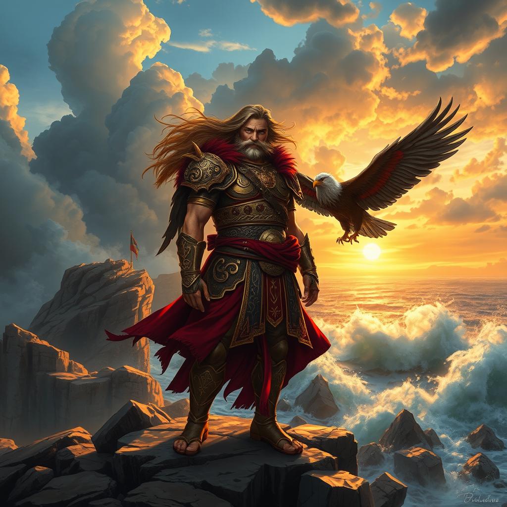 An ancient warrior standing on a windswept cliff, dramatic clouds swirling in the sky behind him