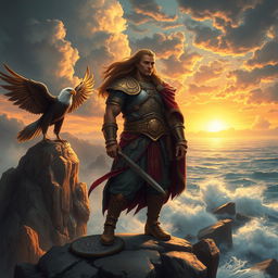 An ancient warrior standing on a windswept cliff, dramatic clouds swirling in the sky behind him