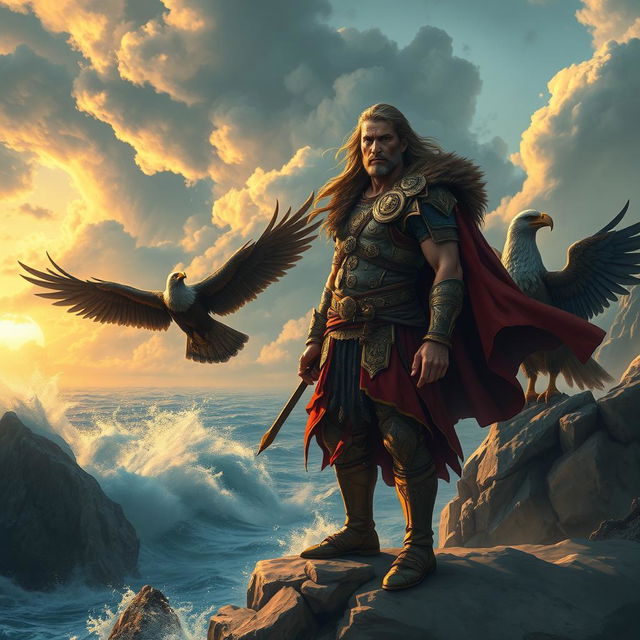 An ancient warrior standing on a windswept cliff, dramatic clouds swirling in the sky behind him