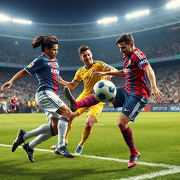 A dynamic, action-packed sports scene featuring a soccer match where a player resembling Neymar is playfully hitting another player resembling Ronaldo