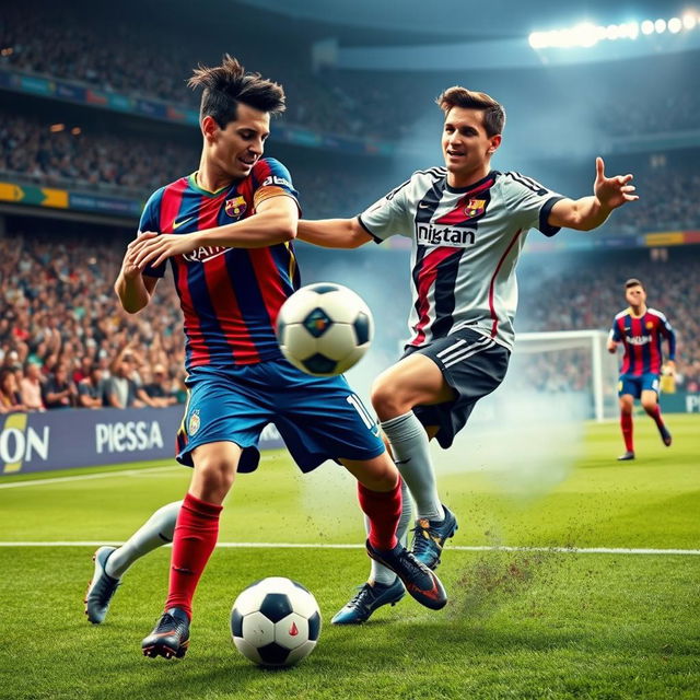 A dynamic, action-packed sports scene featuring a soccer match where a player resembling Neymar is playfully hitting another player resembling Ronaldo