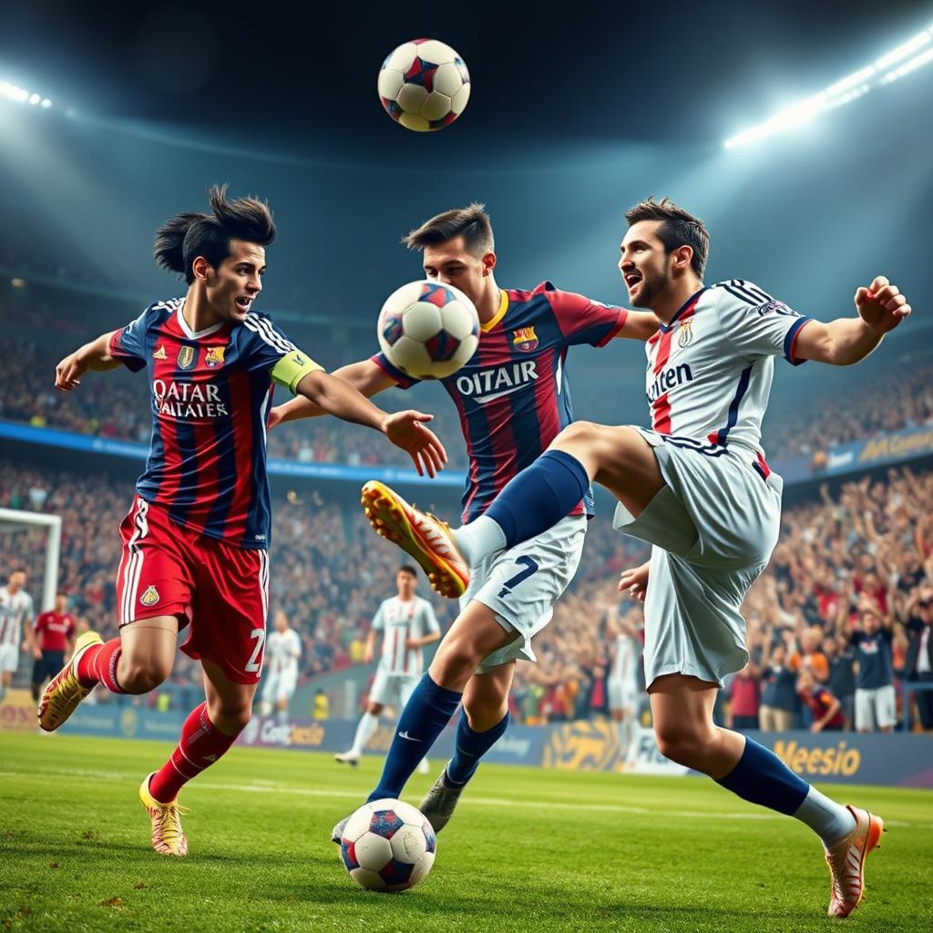 A dynamic, action-packed sports scene featuring a soccer match where a player resembling Neymar is playfully hitting another player resembling Ronaldo