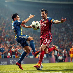A dynamic, action-packed sports scene featuring a soccer match where a player resembling Neymar is playfully hitting another player resembling Ronaldo