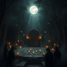 A mysterious dark ritual taking place in a shadowy forest, centered around a large ancient stone altar adorned with glowing runes