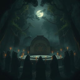 A mysterious dark ritual taking place in a shadowy forest, centered around a large ancient stone altar adorned with glowing runes