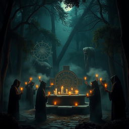 A mysterious dark ritual taking place in a shadowy forest, centered around a large ancient stone altar adorned with glowing runes