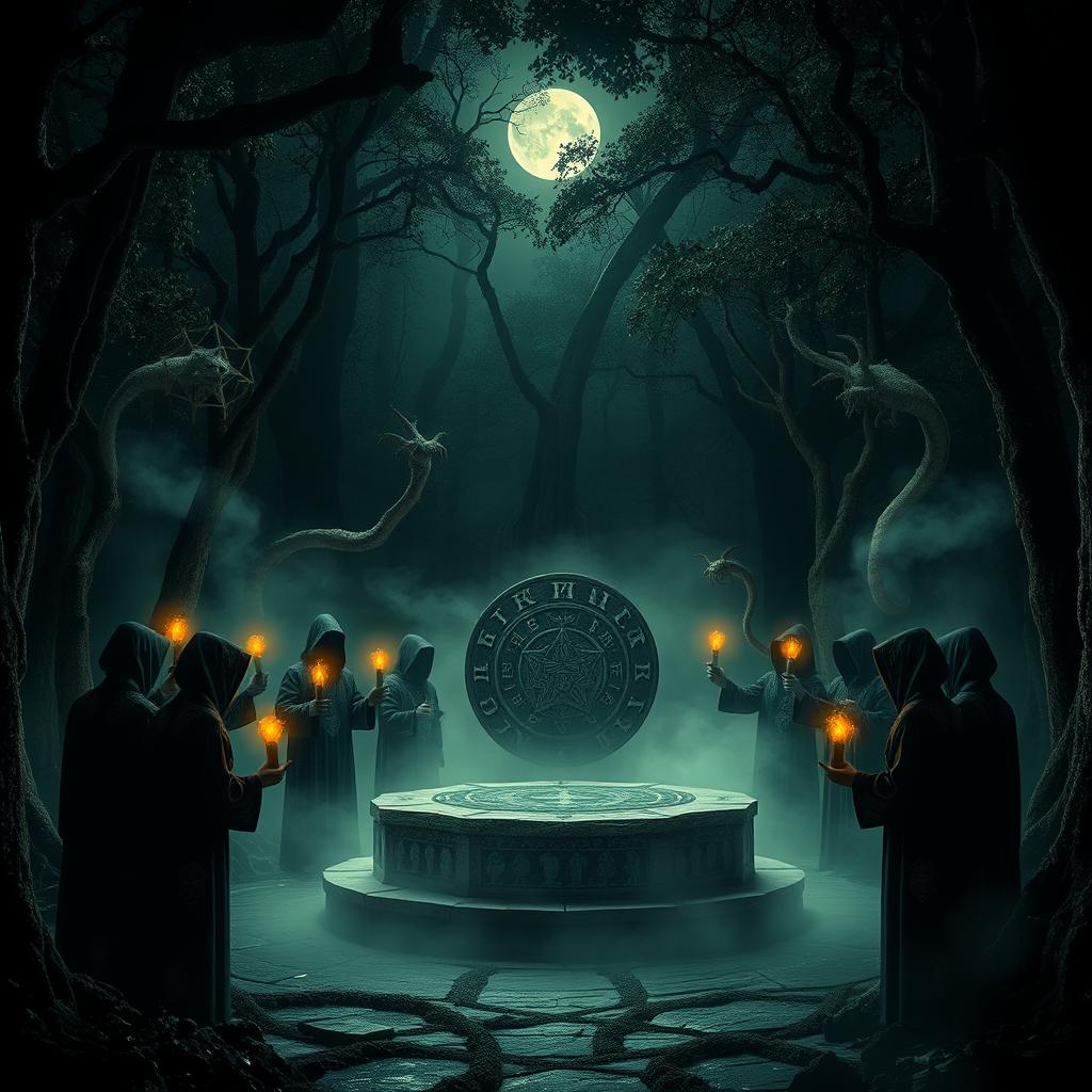 A mysterious dark ritual taking place in a shadowy forest, centered around a large ancient stone altar adorned with glowing runes