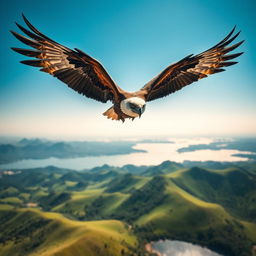 A majestic eagle soaring gracefully through a clear blue sky, with its wings fully spread, showcasing intricate feather details