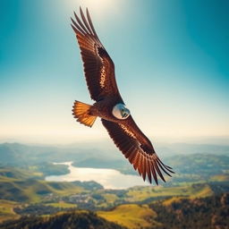 A majestic eagle soaring gracefully through a clear blue sky, with its wings fully spread, showcasing intricate feather details