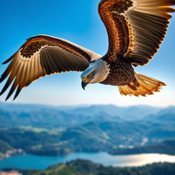 A majestic eagle soaring gracefully through a clear blue sky, with its wings fully spread, showcasing intricate feather details