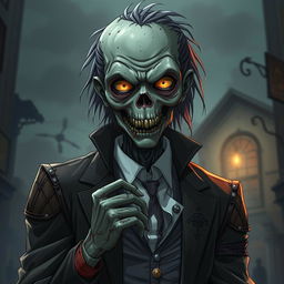 A detailed and accurate depiction of a smart cannibalistic anime zombie, showcasing its intelligence through cunning facial expressions and sophisticated body language