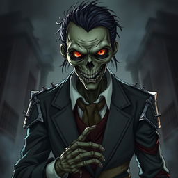 A detailed and accurate depiction of a smart cannibalistic anime zombie, showcasing its intelligence through cunning facial expressions and sophisticated body language