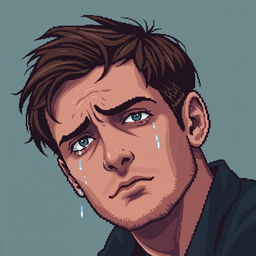A pixel art portrait of an alone man crying, conveying strong emotions through his expression