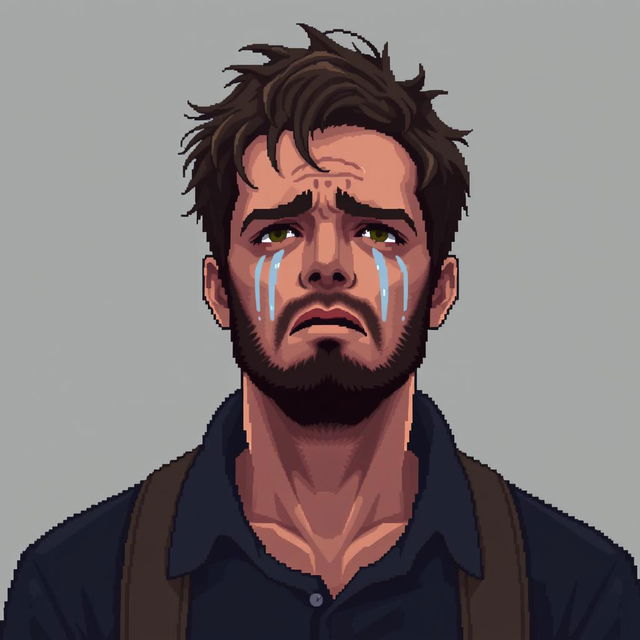 A pixel art portrait of an alone man crying, conveying strong emotions through his expression