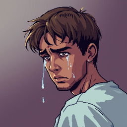 A pixel art portrait of an alone man crying, conveying strong emotions through his expression