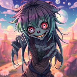 A smart cannibalistic anime zombie character, designed with intricate details and vibrant colors