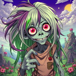 A smart cannibalistic anime zombie character, designed with intricate details and vibrant colors