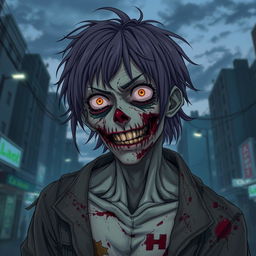 A detailed and accurate depiction of a cannibalistic anime zombie with a human-like appearance
