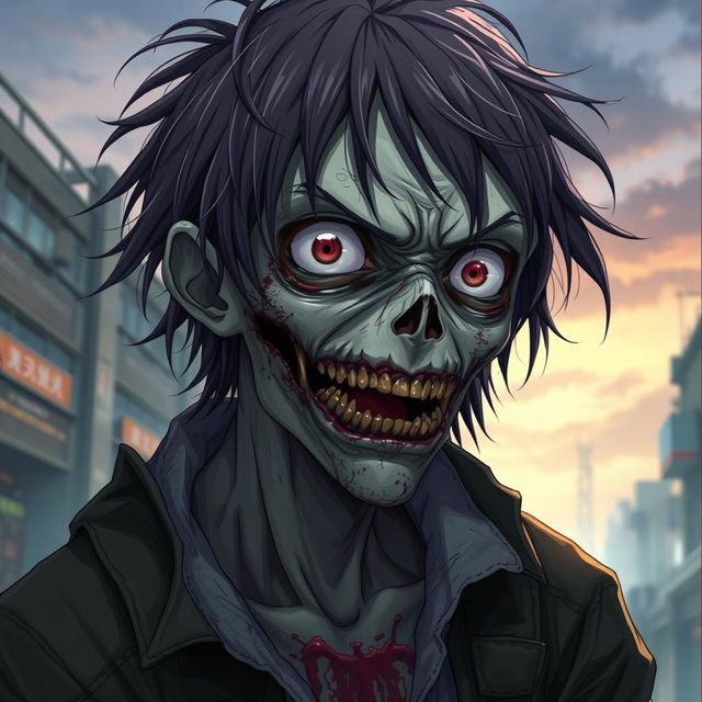 A detailed and accurate depiction of a cannibalistic anime zombie with a human-like appearance