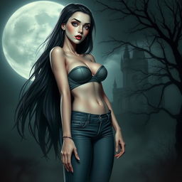 A vampire girl with striking features, wearing a stylish short top and snug jeans