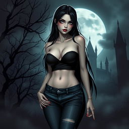 A vampire girl with striking features, wearing a stylish short top and snug jeans