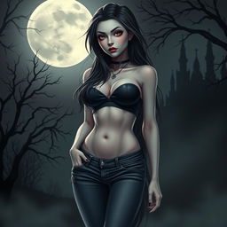 A vampire girl with striking features, wearing a stylish short top and snug jeans