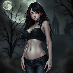 A vampire girl with striking features, wearing a stylish short top and snug jeans
