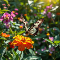 A stunningly realistic butterfly perched delicately on a vibrant flower in a lush natural setting