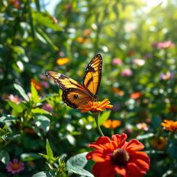 A stunningly realistic butterfly perched delicately on a vibrant flower in a lush natural setting