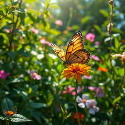 A stunningly realistic butterfly perched delicately on a vibrant flower in a lush natural setting