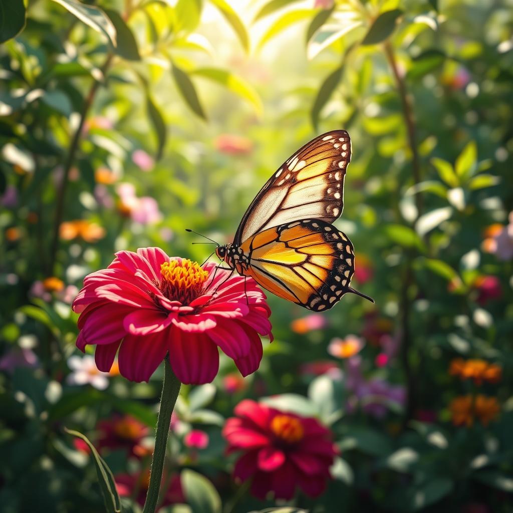 A stunningly realistic butterfly perched delicately on a vibrant flower in a lush natural setting