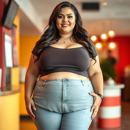 A confident plus-size woman wearing a stylish short top and fitted jeans, showcasing her voluptuous figure
