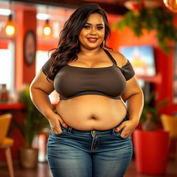 A confident plus-size woman wearing a stylish short top and fitted jeans, showcasing her voluptuous figure