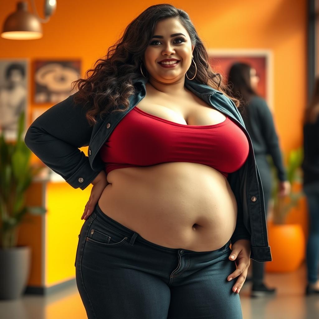 A confident plus-size woman wearing a stylish short top and fitted jeans, showcasing her voluptuous figure