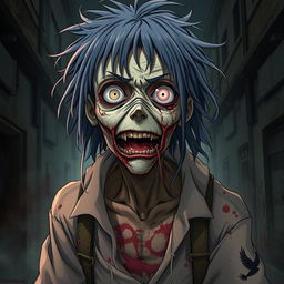 A detailed and accurate depiction of a cannibalistic zombie in anime style, showcasing a human-like figure that embodies horror and intrigue