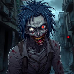 A detailed and accurate depiction of a cannibalistic zombie in anime style, showcasing a human-like figure that embodies horror and intrigue
