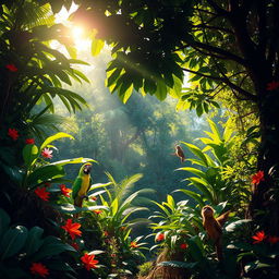 A vibrant, sunlit jungle scene filled with lush green foliage, dense trees with large leaves, and colorful tropical flowers
