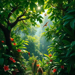 A vibrant, sunlit jungle scene filled with lush green foliage, dense trees with large leaves, and colorful tropical flowers