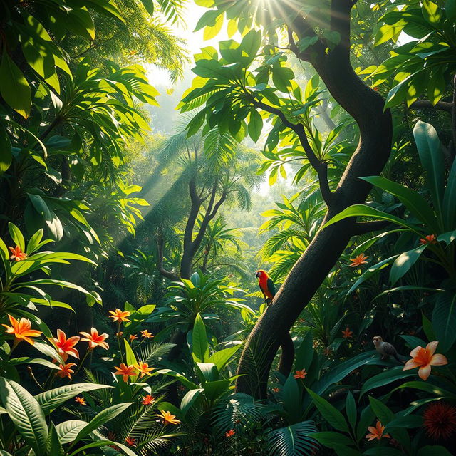 A vibrant, sunlit jungle scene filled with lush green foliage, dense trees with large leaves, and colorful tropical flowers