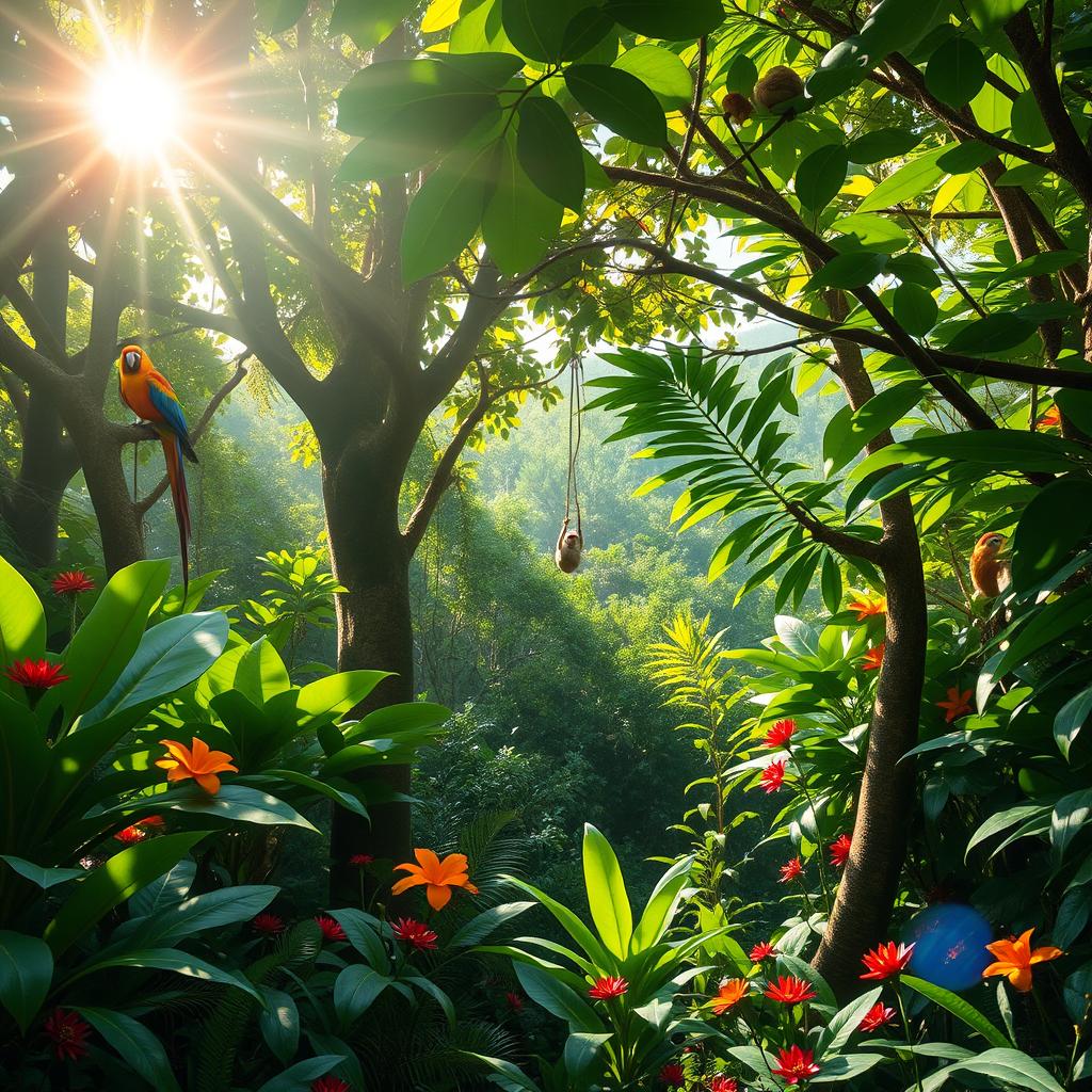 A vibrant, sunlit jungle scene filled with lush green foliage, dense trees with large leaves, and colorful tropical flowers