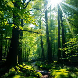 A beautiful sunlit forest scene showcasing tall, majestic trees with vibrant green leaves glistening in the bright sunlight