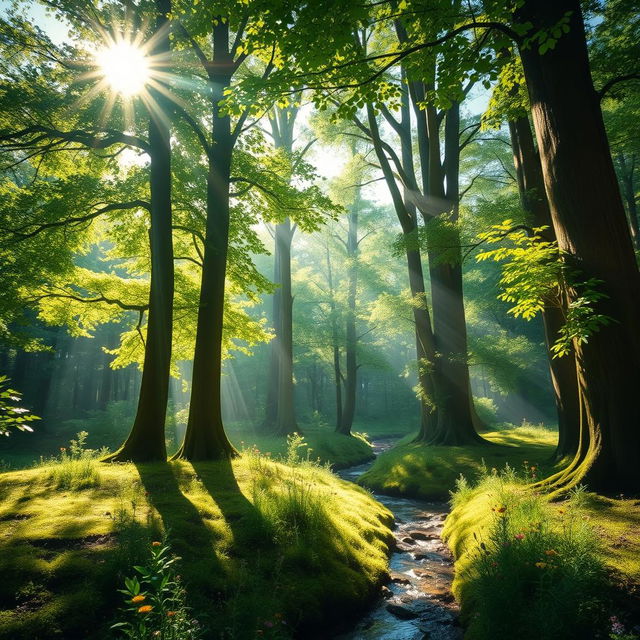 A beautiful sunlit forest scene showcasing tall, majestic trees with vibrant green leaves glistening in the bright sunlight