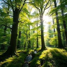 A beautiful sunlit forest scene showcasing tall, majestic trees with vibrant green leaves glistening in the bright sunlight