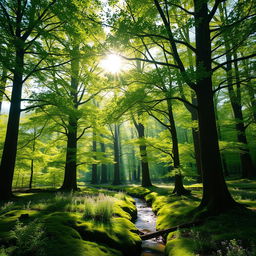 A beautiful sunlit forest scene showcasing tall, majestic trees with vibrant green leaves glistening in the bright sunlight