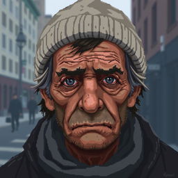 A pixel art portrait of a sad homeless man, showcasing detailed features such as a weathered face with deep wrinkles, unkempt hair, and a worn-out beanie