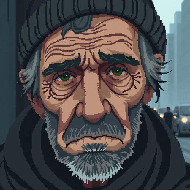 A pixel art portrait of a sad homeless man, showcasing detailed features such as a weathered face with deep wrinkles, unkempt hair, and a worn-out beanie